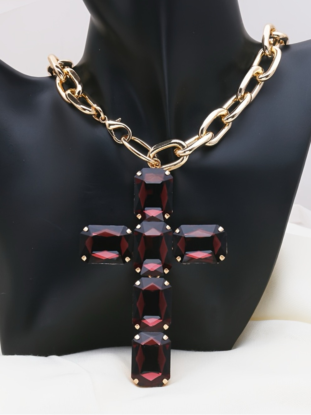 Gold Link Necklace with Deep Red Gemstone Cross Pendant